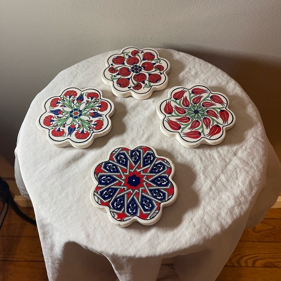 Other - 4 Turkish Floral Ceramic Coasters Set Gorgeous Tiles Handmade Hand Painted VTG